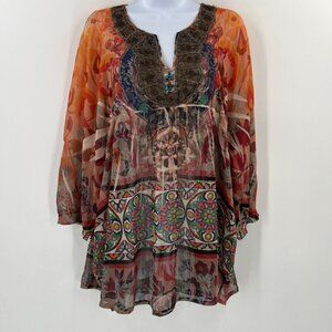 Mushka Sienna Rose Women's XL Tunic Blouse Embellished V-Neck Resort Wear Hippie
